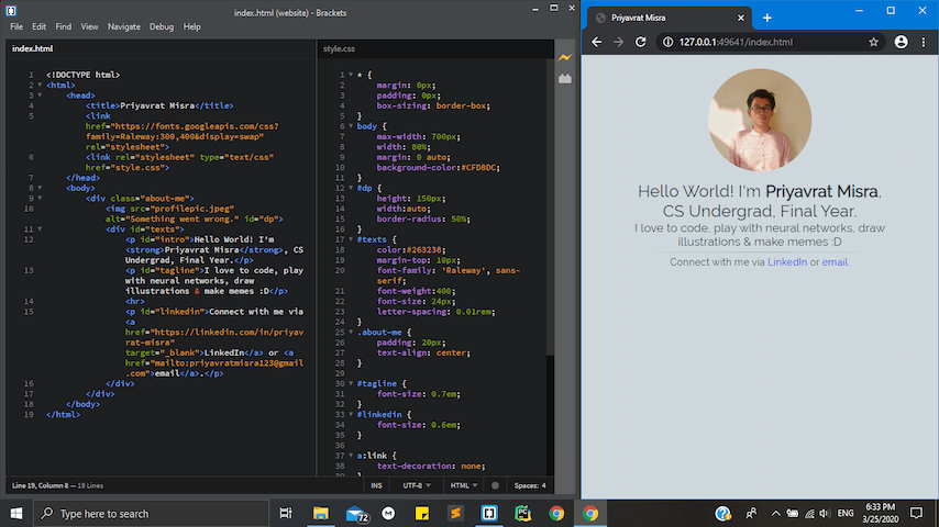 A screenshot of an early prototype of this site showing the HTML, CSS and the localhost preview side-by-side.