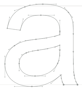 An illustration of the lowercase letter ‘a’ constructed using Bézier splines. The character’s curves are defined by a series of anchor points on the outline, with visible control handles and lines to show the geometry used to shape the letter.