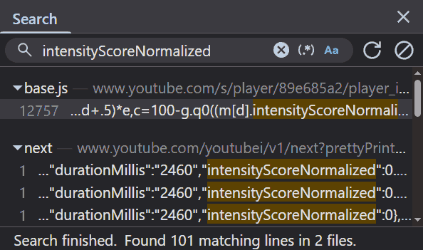 A screenshot of a search for “intensityScoreNormalized” across all requests, to a result of 101 occurrences.