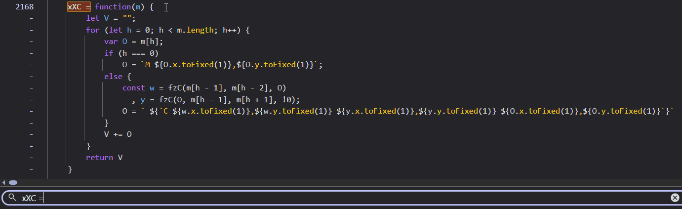 A screenshot of the browser DevTools. The search bar displays the query ‘xXC =’, while the code viewer highlights the same term within the obfuscated code.